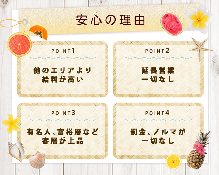 海外キャバクラでも安心の理由！POINT1他のエリアより給料が高い。POINT2延長営業一切なし。POINT3有名人、富裕層など客層が上品。
                POINT4罰金、ノルマが一切なし。